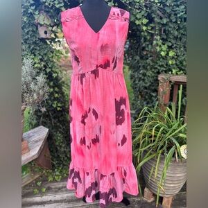 OCTICS CHERRY RED PRINT FIT & FLARE RUFFLE V-NECK MIDI DRESS SIZE MEDIUM